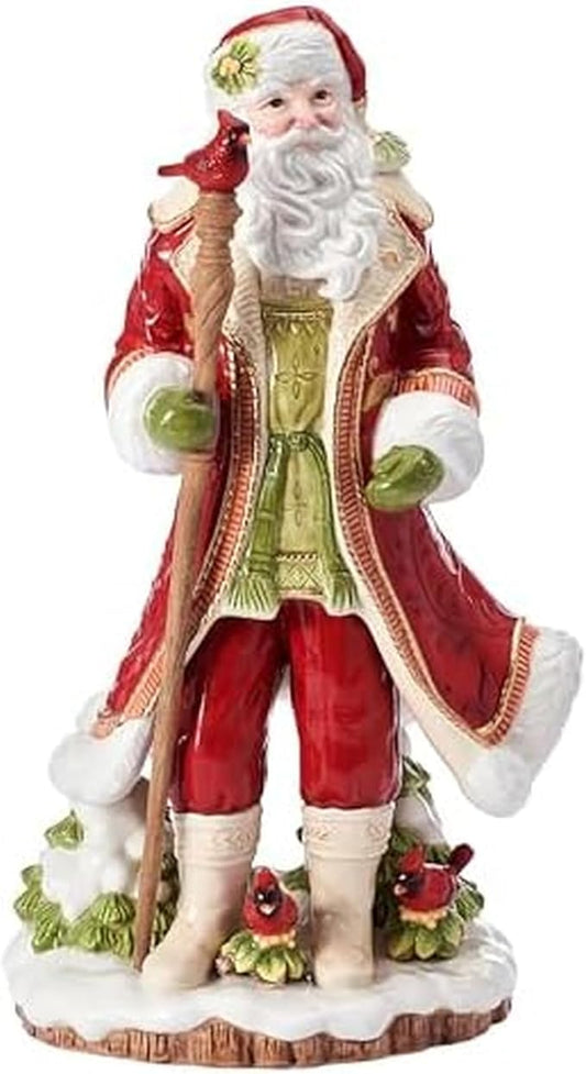 Fitz and Floyd Poinsettia Holiday Santa Clause with Staff Cardinal Bird Ceramic Figurine, Christmas Collectible Décor, 17.5 Inch