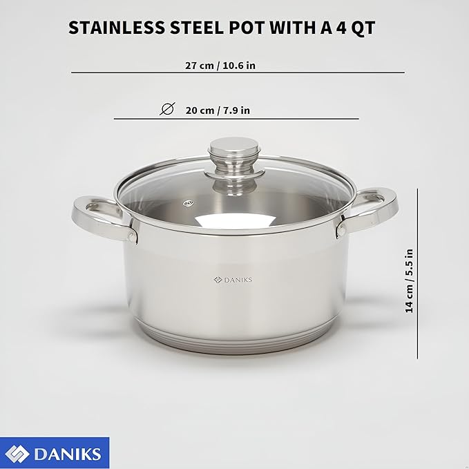 Daniks Standard Stainless Steel Stock Pot with Glass Lid – Induction 4 Quart, Dishwasher Safe, Measuring Scale, For Soup, Pasta, Stew, Silver