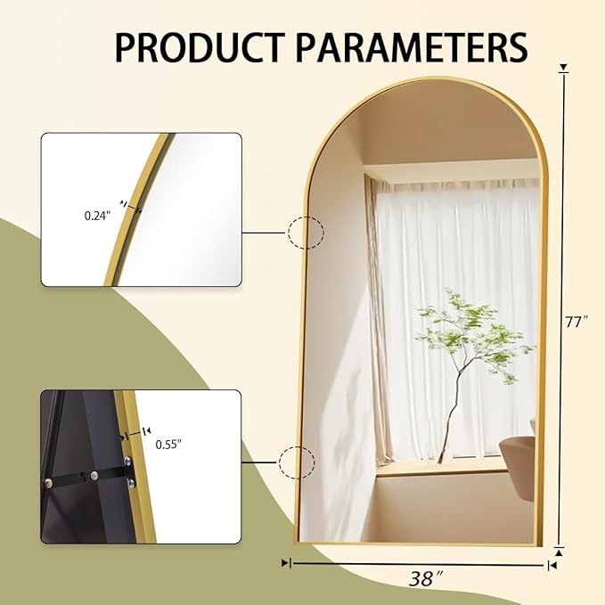 BEAUTYPEAK 77"x38" Large Arch Mirror Full Length, Oversized Wall Mirrors with Aluminum Alloy Frame, Full Body Floor Mirror for Bedroom, Dressing Room, Gold