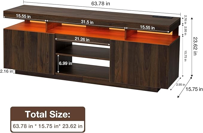 HOMMPA LED TV Stand for up to 70" TV Entertainment Center with Power Outlets, Gaming TV Consoles with Storage Media Table with LED Lights Game Cabinet for Living Room Walnut