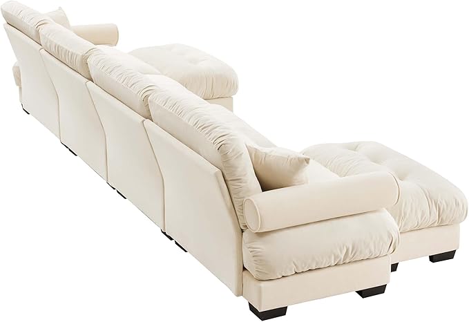 Ball & Cast 166" U Shaped Couch Sectional Couch,4 Seater Modular Couchs with Round Bolster Armrest,6 Pillows,Waist Pillows,Modern Corner Sofa w/ 2 Removable Ottomans,for Living Room,Cream