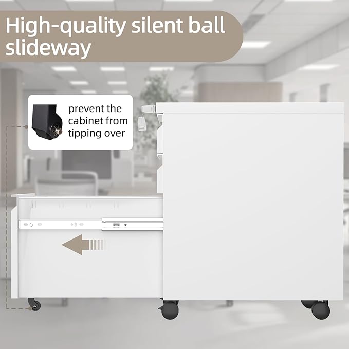 Filing Cabinets, Mobile File Cabinet with Lock for Home Office, 3 Drawer Filing Cabinet for A4/Letter/Legal Size Folder, Metal Vertical White Filing Cabnet on Wheels