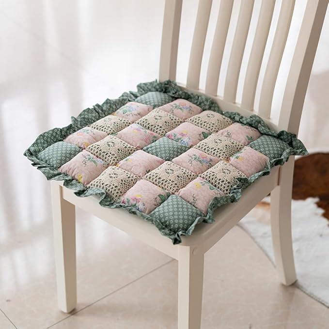 vctops Lace Patchwork Chair Pad Cushion with Ties, Elegant Ruffle Edge Decorative Cushions Farmhouse Floral Pattern Square Seat Cushion for Kitchen Dining Room Office (Type C,16"x16")