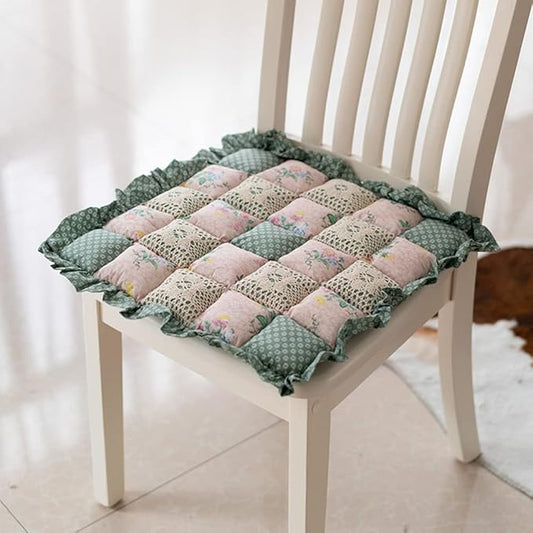 vctops Lace Patchwork Chair Pad Cushion with Ties, Elegant Ruffle Edge Decorative Cushions Farmhouse Floral Pattern Square Seat Cushion for Kitchen Dining Room Office (Type C,16"x16")