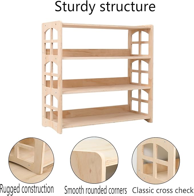 Montessori Bookshelf Toy Shelf Kids Storage Organizer for Toys Book Shelves for Kids Room Sturdy and Safe Toddler Wood Classroom Childrens Bookcases(4Tier)