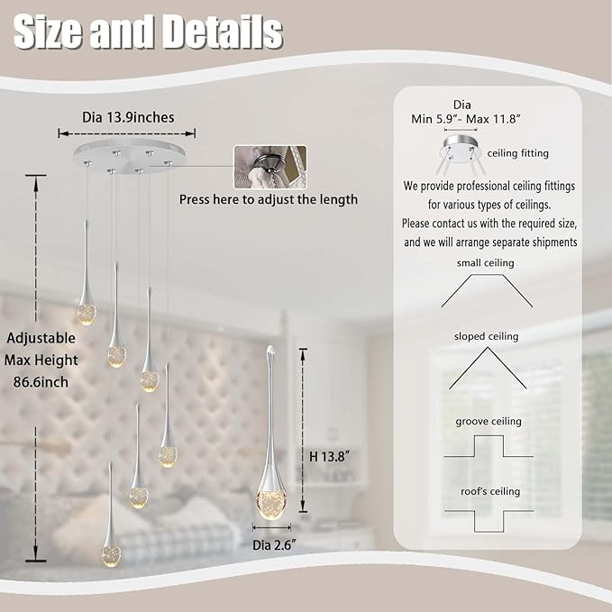 H86 Pendant Lights Kitchen Island 6-Lights Pendant Chandelier for Dining Room Hallway Stairwell,Silver Chandelier Suit for Sloping Ceiling LED Dimmable 2700K-6000K