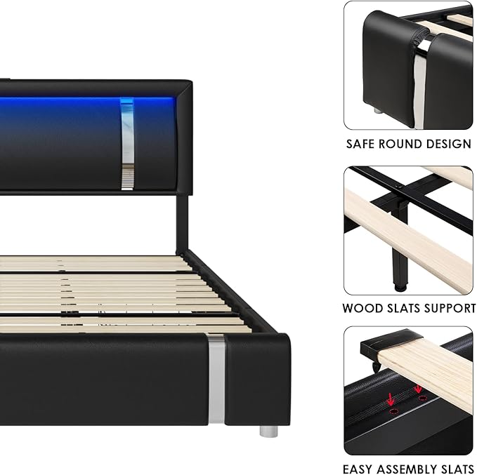 Full Size Bed Frame with RGB LED Lights Headboard & 2 Storage Drawers, Modern Upholstered Faux Leather Smart Platform Bed with Iron Metal Decor, USB & USB-C Charging Ports, No Box Spring Needed, Black