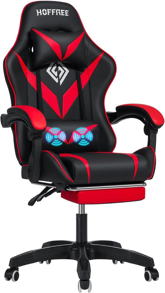 HOFFREE Massage Gaming Chair for Kids Computer Gamer Chair with Footrest and Lumbar Support Reclining PC Game Chair with Headrest for Gaming Room Red and Black