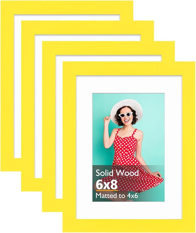KINLINK 6x8 Picture Frames Yellow, Solid Wood Frames with Acrylic Plexiglass for Pictures 4x6 with Mat or 6x8 without Mat, Tabletop and Wall Display Photo Frame, Set of 4