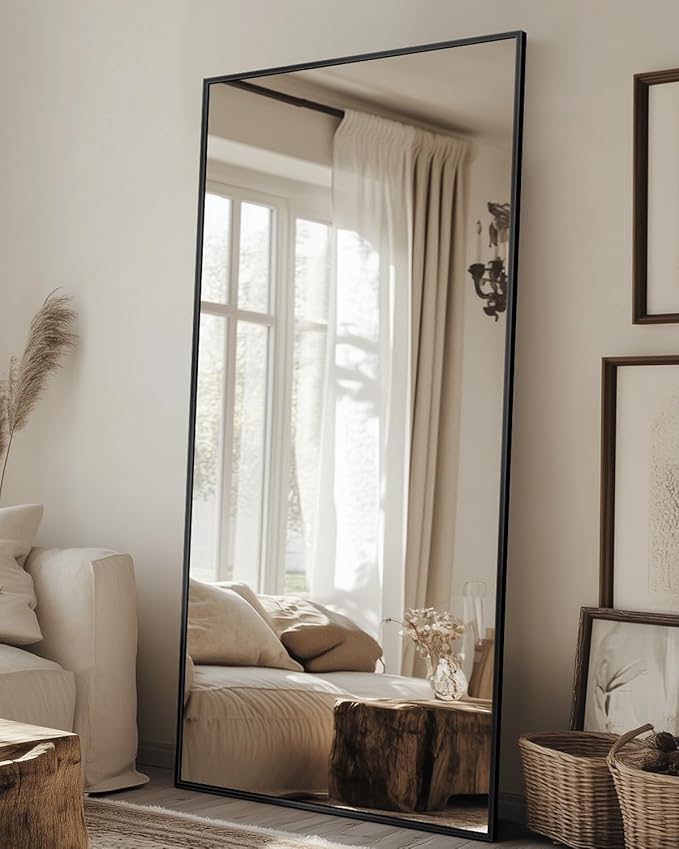 Antok Full Length Mirror, 58"x21" Floor Mirror with Stand, Hanging Mounted Mirrors for Bedroom, Living Room, Cloakroom, Dining Room, Black, Rect