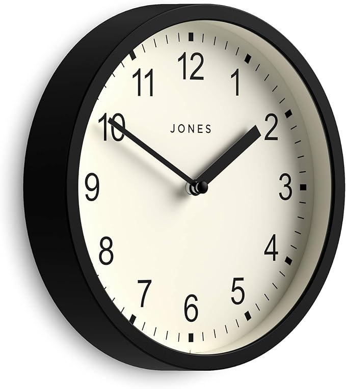 JONES CLOCKS® Spin Wall Clock | Small Modern Round Clock | 8 inch | Black | Easy to Read Numbers | Ideal for Kitchen, Office, Children’s Room or Any Small Space