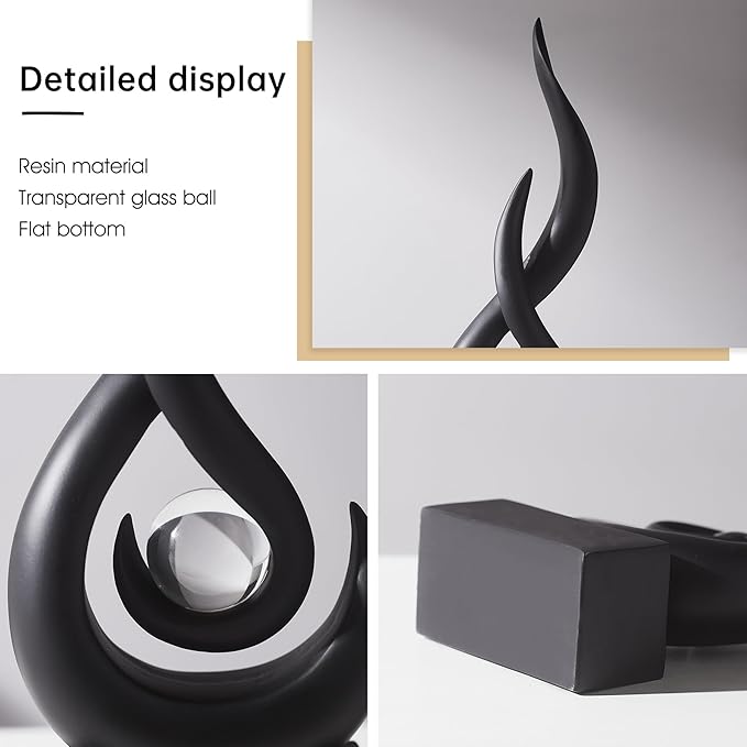 AWNR Modern Black Sculpture Decor: Flame Statue with Glass Ball Resin Abstract Art Figurines Unique Centerpiece for Living Room TV Stand Coffee Table Office Decor