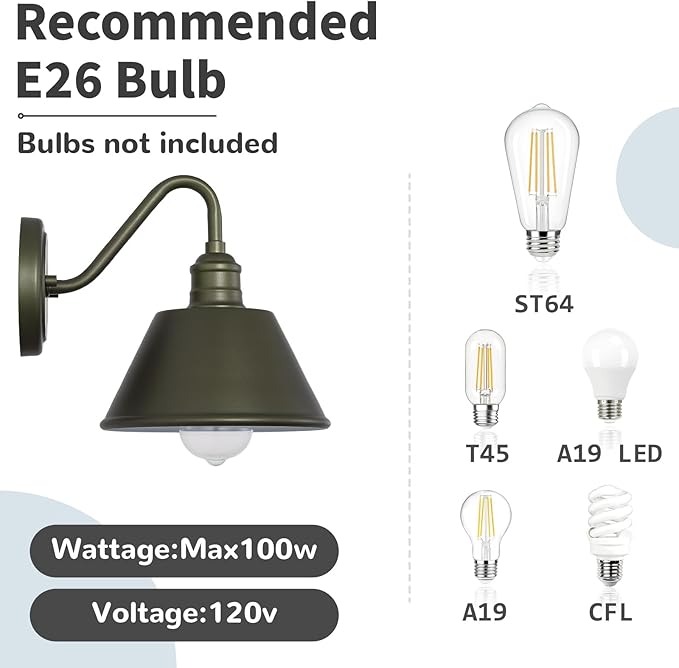 2-Pack Gooseneck Outdoor Light Fixtures, Dark Olive Outdoor Wall Sconces, Farmhouse Barn Light for Porch, Matte Iron Wall Light, Waterproof & Anti-Rust, Garage, Patio, Garden