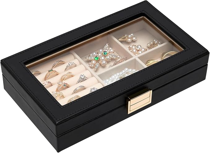 Homde Jewelry Tray Stackable Jewelry Box with Glass Lid, Removable Dividers for Vanity Table Gift Idea for Girls and Women (Black)
