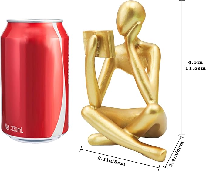 Bookshelf Decor, Golden Reading Thinker Sculpture Figurine, Coffee Table Decor, Entry Way Table Home Decor, Decorative Statue for Living Room, Office, Bedroom, Gift