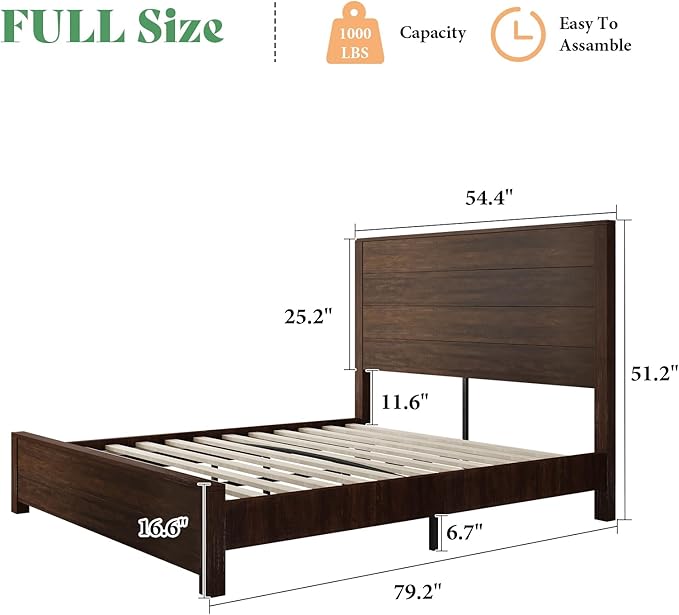 AMERLIFE 51.2" Full Size Wood Bed Frame, Rustic Platform Bed with Spliced Headboard, Wood Slats Support/No Box Spring Needed/Noiseless/Reclaimed Barnwood