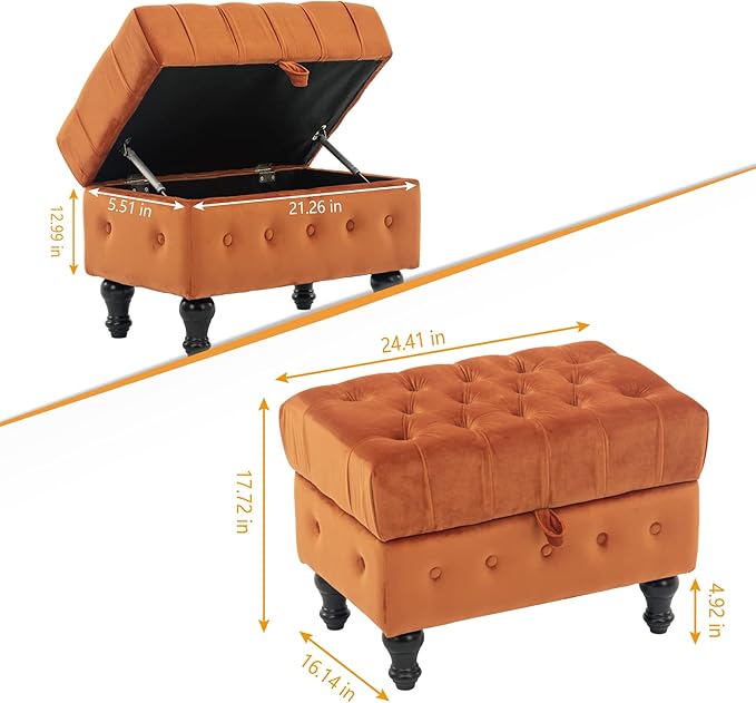 Artechworks Rectangular Storage Coffee Table Ottoman,Button Tufted Velet Upholstery Footstool Bedroom Ottoman for Living Room, Home Office, Space-Saving Storage Toy Box Stool, Caramel