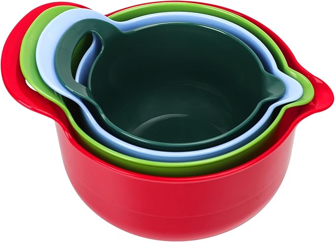 BoxedHome 4 Pack Nesting Mixing Bowl Christmas Set with Pour Spout and Handle, BPA free Microwave & Dishwasher Safe(Christmas colours, 4 Pack with Handle, Random colour silicone scraper included)