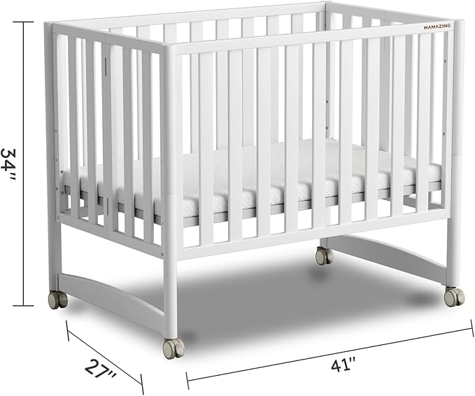 EvoNook 6-in-1 Convertible Mini Crib, 100% New Zealand Solid Wood, 4 Adjustable Mattress Heights, Crib with Mattress, White