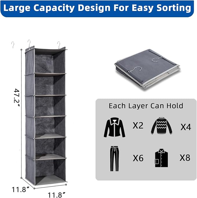 6-Shelf Hanging Closet Organizer and Storage, Collapsible Hanging Shelves for Closet with 2 Side Pockets, Hanging Shoe Organizer to Saving Space,Grey