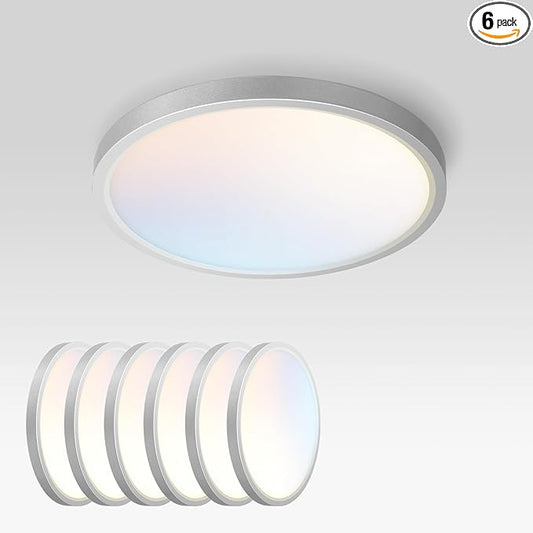 ASD LED 9" Round Flush Mount Ceiling Light Fixture, Low Profile Surface Lighting | 5CCT, Dimmable, Ultra-Thin, ETL Listed | 18W 1660LM 2700-6000K 120V | Kitchen, Bedroom, Hallway Lamp | Nickel, 6 Pack