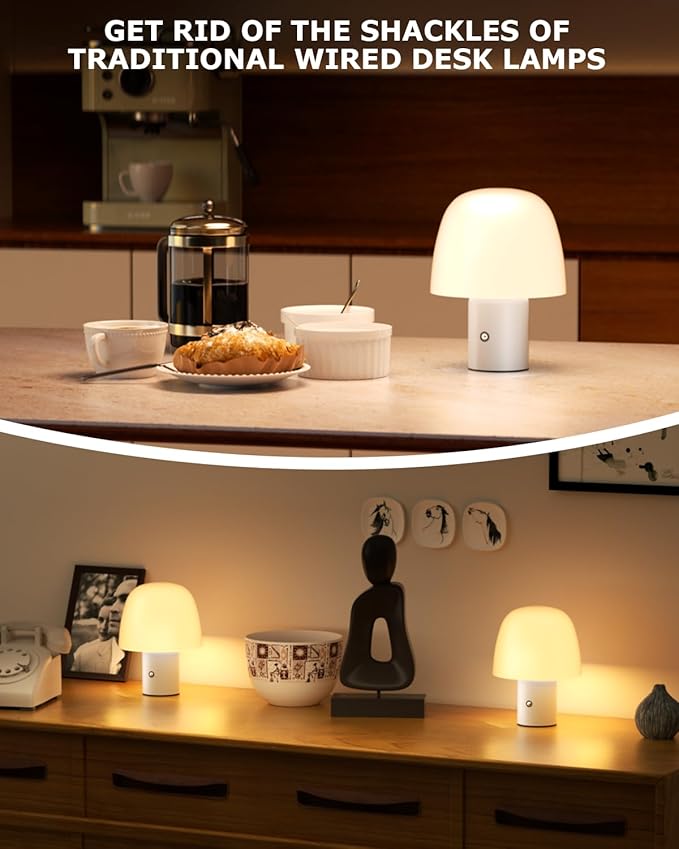 Portable LED Table Lamp, Cordless Desk Lamp Rechargeable, 3-Color Touch Stepless Dimming Night Light for Bedroom/Children's Room/Terrace/Dining Room/Cafe (White)