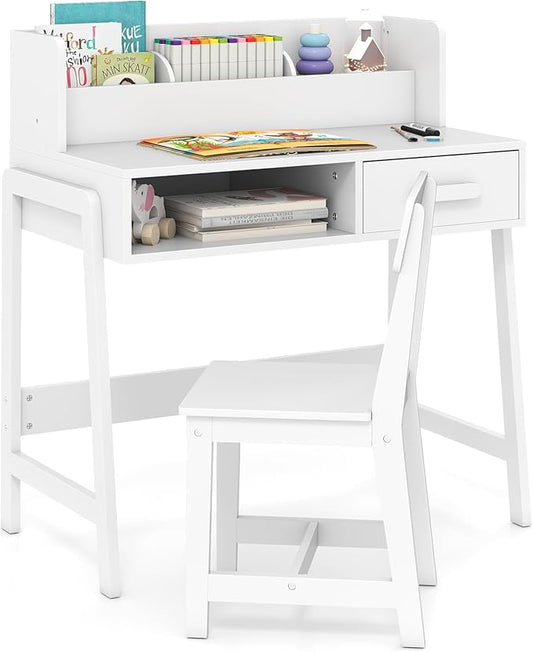 INFANS Table and Chair Set, Toddler Wooden Student Study Desk with Chair Storage Hutch Compartments Drawers for Writing Drawing, Children Furniture for Bedroom School Boys Girls 3+ Years Old (White)