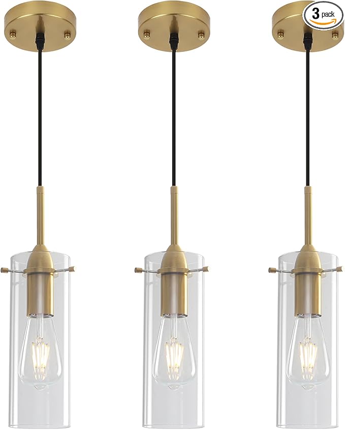 Gold Pendant Lights Kitchen Island 3 Packs, Blown Glass Pendant Light, Modern Glass Kitchen Pendant Light, Hanging Pendant Lights, Island Pendant Lights for Kitchen, Dining Living Bathroom