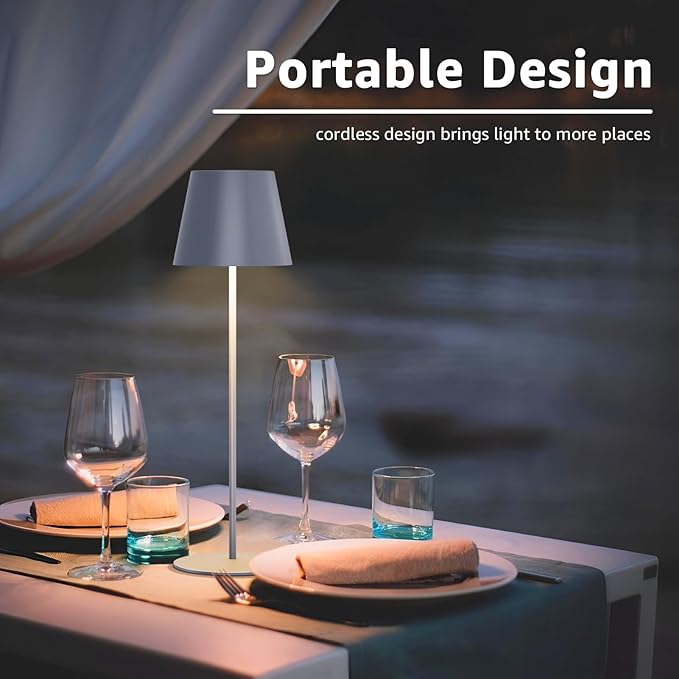 uuffoo 2 Pack Cordless Rechargeable Table Lamps Battery Operated Outdoor Table Lamps with 3 Colors Stepless Dimming, Desk Night Light for Restaurant, Patio, Bedroom, Bar (Gray)