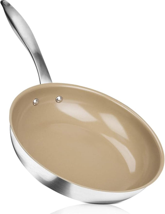 Duxtop Ceramic Non-stick Frying Pan, Stainless Steel Induction Frying Pan, 9.5-Inch Stir Fry Pan with Heavy-gauge Impact-bonded Bottom, FUSION Ti