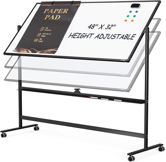 Dry Erase Whiteboard Easel on Wheels - TANKEE 48" x 32" Large Double Sided Mobile Whiteboard, Reversible Magnetic Rolling White Board for Home Office Classroom, Flip Chart Holders and Paper Pad