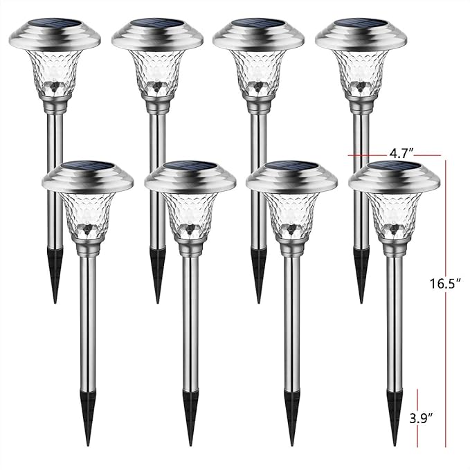 GIGALUMI 8 Pack Solar Pathway Lights, Solar Garden Lights Outdoor Warm White, Waterproof Led Path Lights for Yard, Patio, Landscape, Walkway (Stainless Steel)