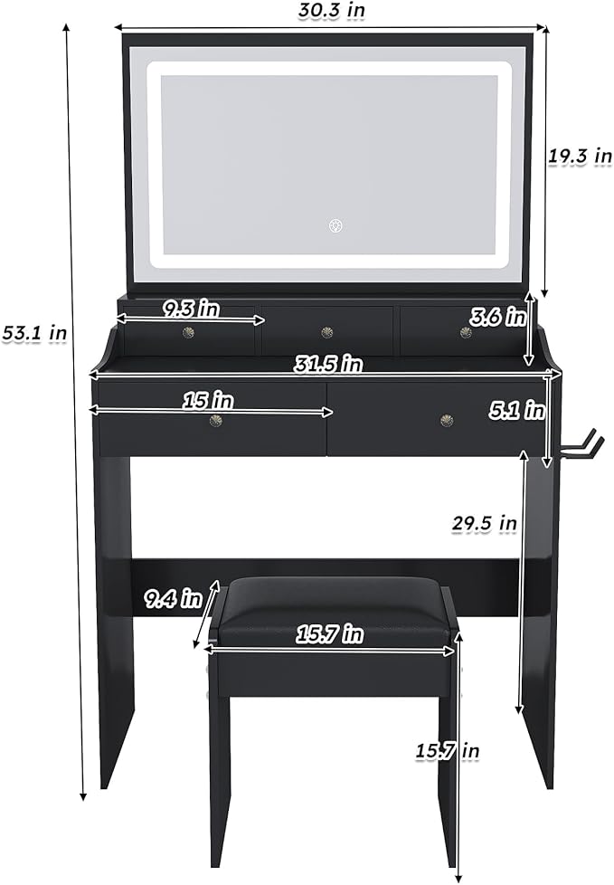 Ball & Cast Vanity Desk with Large Mirror & Power Outlet,3 Dimmable Colors Light Makeup Vanity Table Set with 5 Drawers & Chair,Adjustable Brightness Dressing Table for Women Girls Bedroom,Black