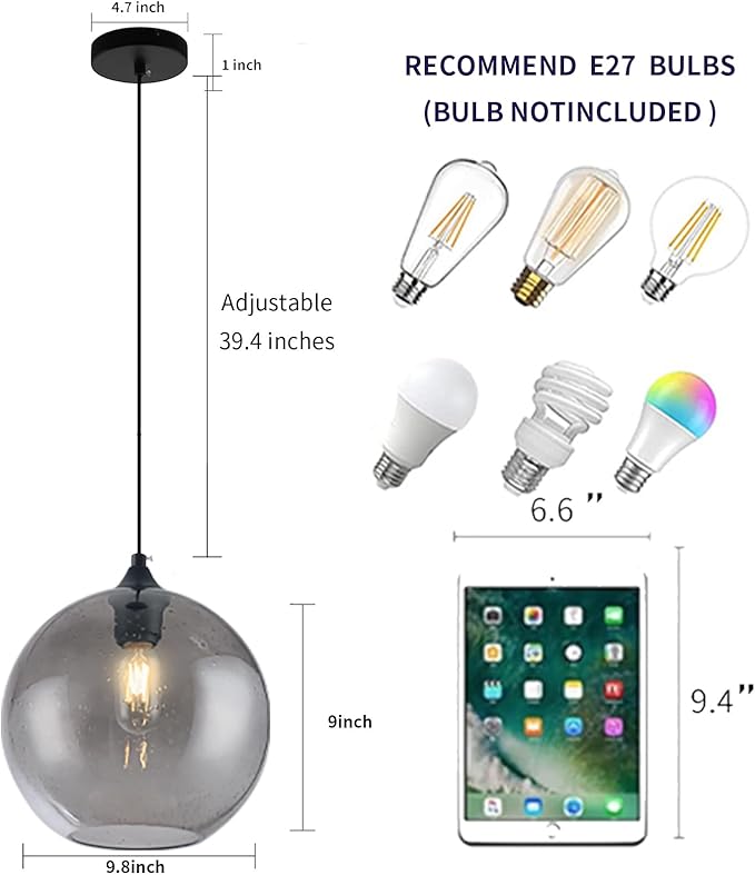Gray Glass Pendant Lights Kitchen Island Lighting Globe Pendant Light Fixtures Modern Pendant Lighting for Kitchen Island Bedroom Living Dining Room Light Fixture-9.8in,2Pack