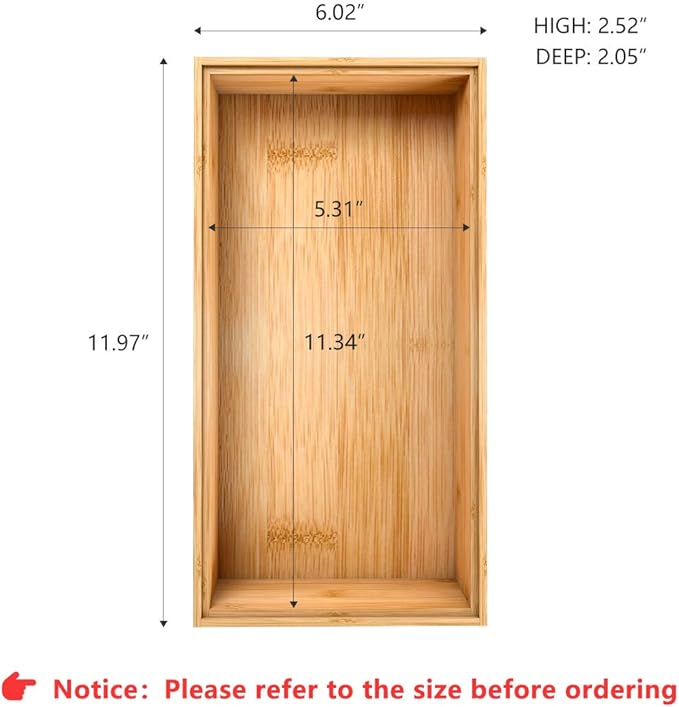 Bamboo Kitchen Drawer Organizer,Stackable Silverware Tray Utensil Organizer Cutlery Holder for Kitchen,Wooden Storage Box for Bathroom, Multi-Use Drawer Organizer for Office,Makeup(12x6x2.5 inch）