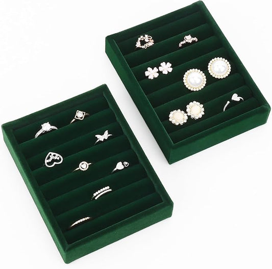 DesignSter Small Jewelry Tray-Ring Organizer 2PCS Premium Velvet Rings Earrings Display Tray Storage Insert Holder for Jewelry Box, Drawer, Dresser (8 Slots, Green)