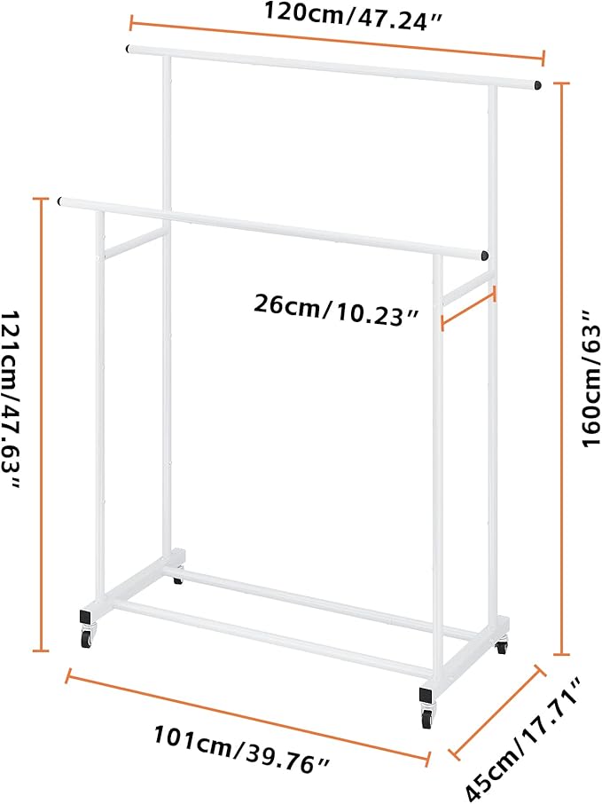 Calmootey Double Rod Clothing Garment Rack,Rolling Hanging Clothes Rack,Portable Clothes Organizer for Bedroom,Living Room,Clothing Store,White