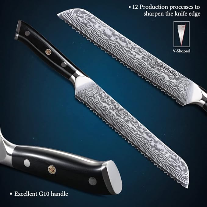 Professional serrated Bread Knife 8 Inch - Classic Damascus pattern Japanese VG-10 Steel Kitchen Knives