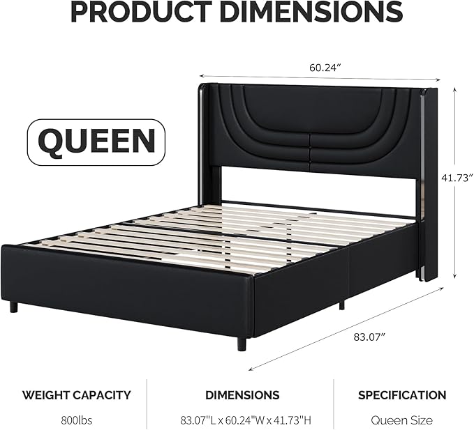 Black Queen Bed Frame with LED Lights, Faux Leather Upholstered Platform with Silver Wingback Headboard, Modern Style, No Box Spring Needed, Easy Assembly, Black