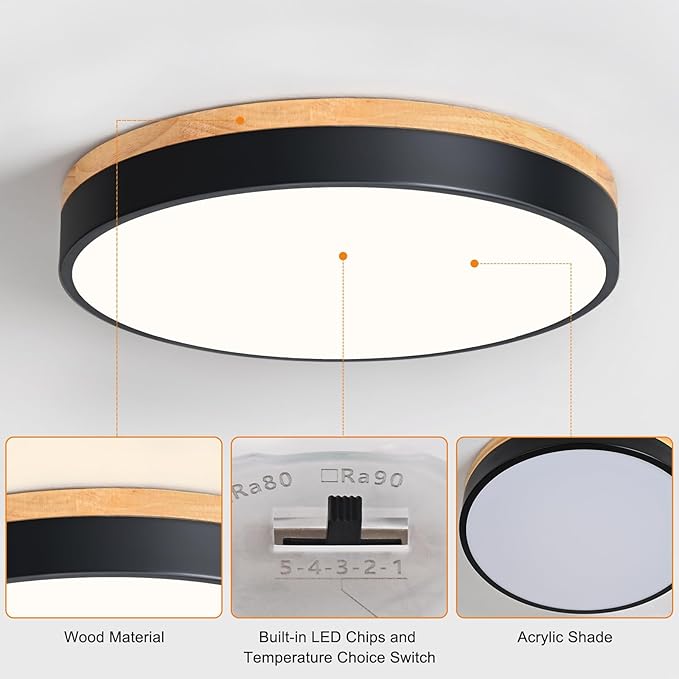 Dimmable Wood LED Flush Mount Ceiling Light, 5CCT 2700K-6000K Modern Black Close to Ceiling Lighting Fixtures, Minimalist Round Ceiling Lamp for Living Room, Bedroom, Laundry Room