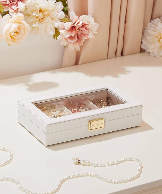 Homde Jewelry Tray Stackable Jewelry Box with Glass Lid, Removable Dividers for Vanity Table Gift Idea for Girls and Women (White)