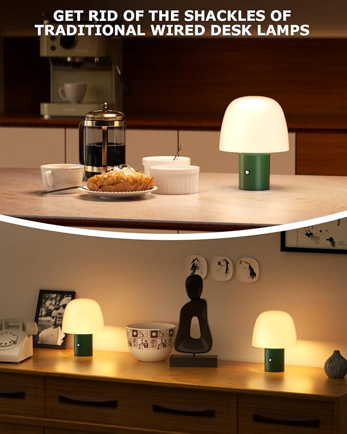 Portable LED Table Lamp, Cordless Desk Lamp Rechargeable, 3-Color Touch Stepless Dimming Night Light for Bedroom/Children's Room/Terrace/Dining Room/Cafe (Green)
