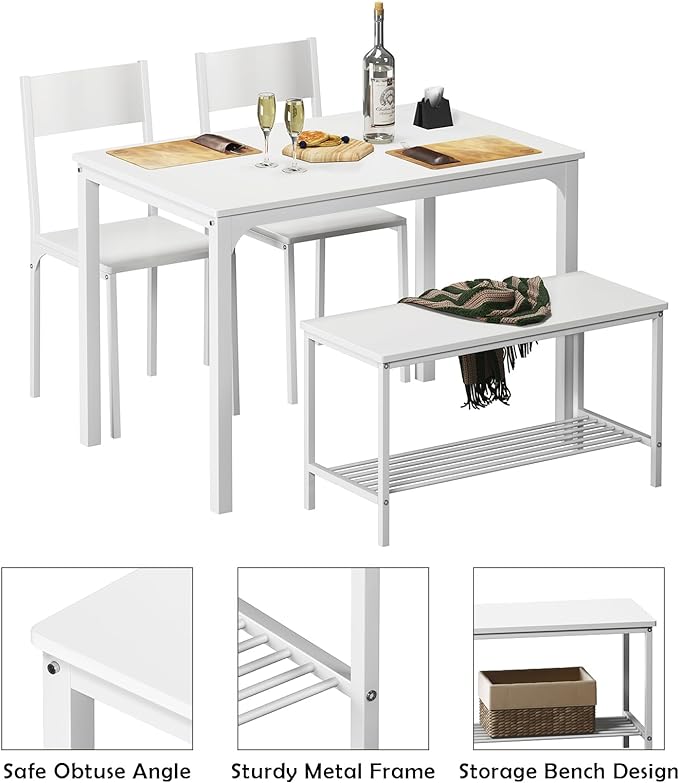 soges 4 Pieces Dining Table Set, 43.3 inch Kitchen Table Set for 4, Dining Set with 2 Chairs and Bench with Storage Rack, Nesting Furniture Set for Dining Room, Kitchen, Restaurant, White