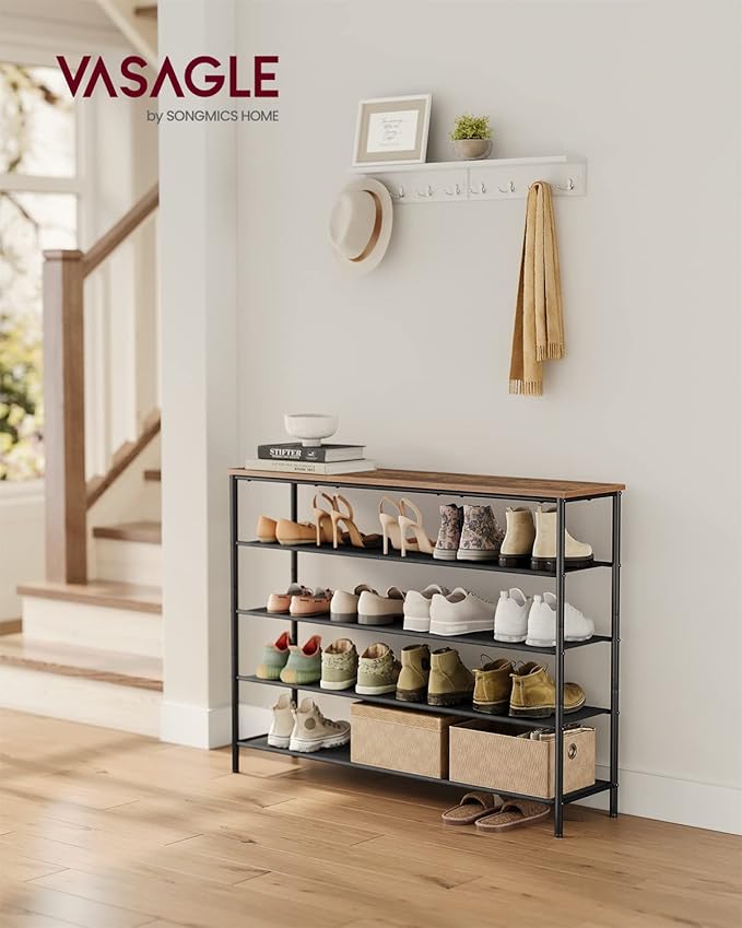 VASAGLE Shoe Rack, 5-Tier Shoe Storage Organizer for Entryway and Closet, Holds 20-24 Pairs of Shoes, 4 Fabric Shelves, Steel Frame, Industrial, Rustic Brown and Black ULBS136B01