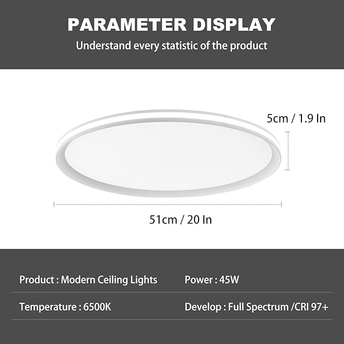 Metal LED Ceiling Light,Slim, Edge Lit - 45W Full Spectrum Round Ceiling Lamps,6500K Cool White Modern Ultra Thin Low Profile Light Fixture for Bedroom, Home & Office Hallway (20In,White)