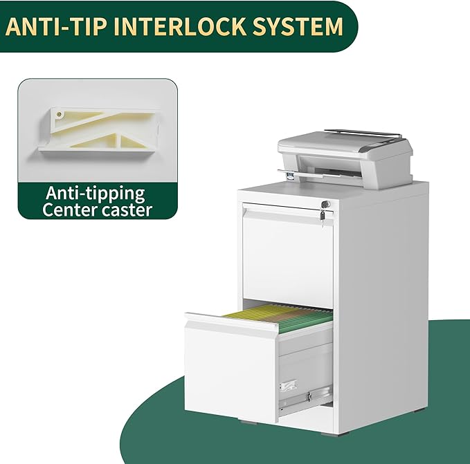 2 Drawer File Cabinet with Lock, Steel Vertical Filing Storage Cabinet for Home Office, Heavy-Duty File Cabinets for Letters/Legal/A4 (Require Assembly, White)