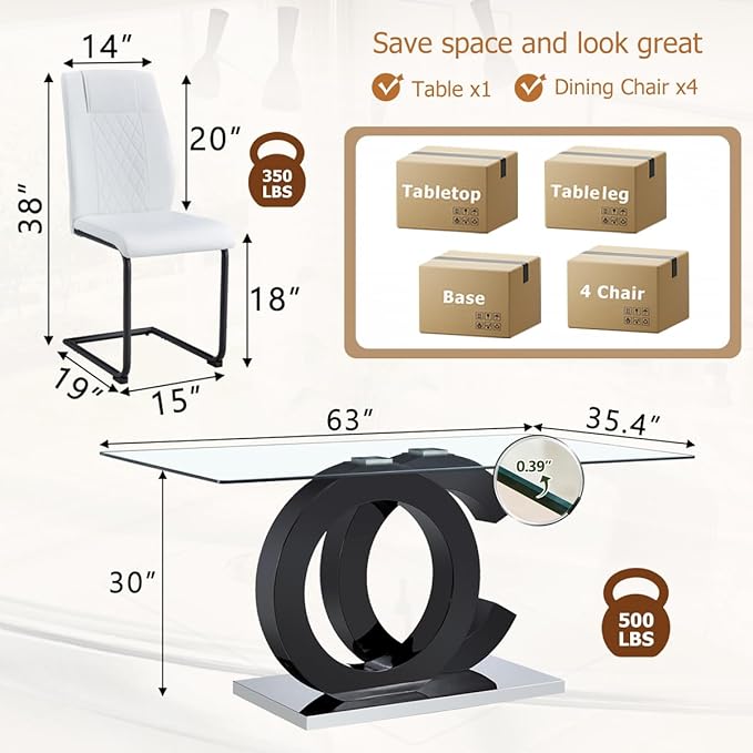63'' Glass Dining Table Set for 4, Kitchen Table Chairs Set of 4, Clear Glass Dining Table with Black unique design Leg and Silver Metal Base, 4 PU Dining Chairs with Metal Legs, Living Room, Kitchen.