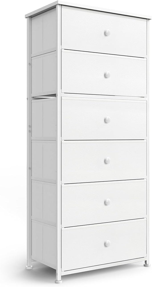 Tall Fabric Dresser for Bedroom, Vertical Storage Organizer Tower with 6 Drawers, Chest of Drawers with Bins, Steel Frame, Wood Top for Bedroom, Closet, Entryway White