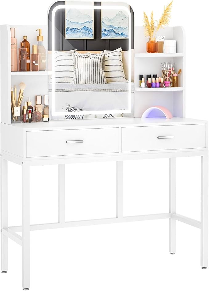 Armocity Vanity Desk with Mirror and Lights, Makeup Vanity with 2 Storage Drawers, Vanity Table Set with 3 Color Lighting Options, Modern Dressing Table with Storage Shelf for Bedroom, White