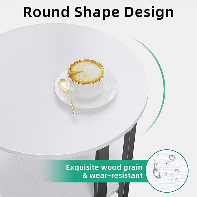 Rotating Round Side Table, 3-Tier End Table with Metal Frame, Nightstand for Small Spaces, Side Table Living Room Bedroom Sofa Bathroom, Gray-White